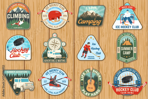 Camping and Ice Hockey club logo, badge embroidered patch. Concept for shirt or logo, print, stamp or tee. Winter sport. Vintage typography design with player, sticker, puck and skates silhouette