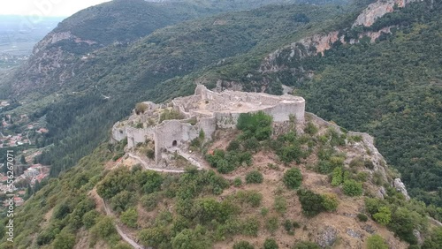 Aerial panoramic view of iconic Byzantine and medieval fortified despotate of Mystras on Mount Taygetus locaten near Sparti town, Laconia, Peloponnese, Greece photo