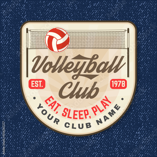 Volleyball club logo, patch. Vector illustration. For college league sport club emblem, sign, logo. Vintage shirt, label, sticker, patch with volleyball ball and net silhouettes.
