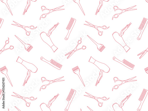 doodle pattern with hairdressing tools, beauty salon background, barbershop advertising banner on white background with pink drawings