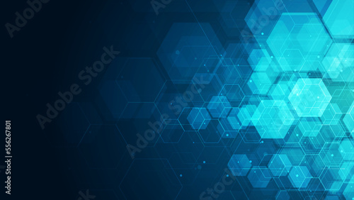 Hexagons pattern on blue background. Genetic research, molecular structure. Chemical engineering. Concept of innovation technology. Used for design healthcare, science and medicine background