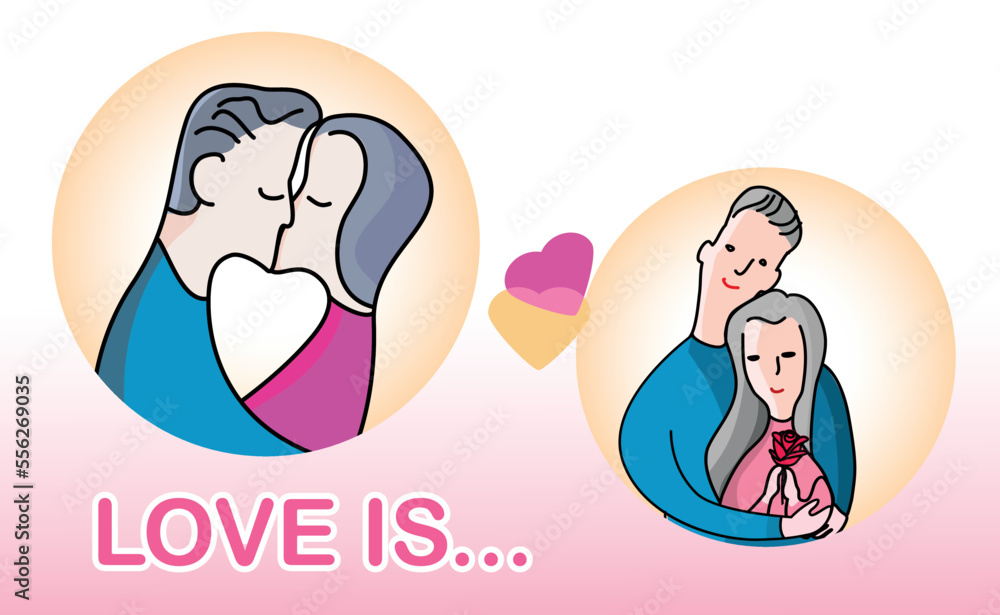 Romantic vector illustration on love story theme. Couple in love, kissing with rose in woman hands. Lifestyle concept for card or valentines. Romantic vector illustration on love story theme. Couple in love, kissing with rose in woman hands. Lifestyle concept for card or valentines.