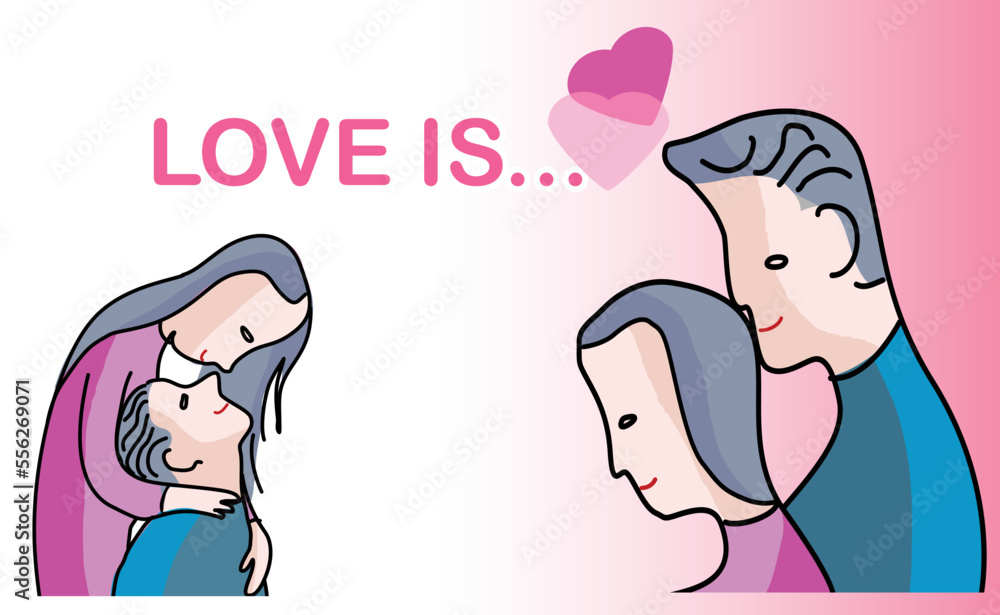 Romantic vector illustration on love story theme. Couple in love, looking each other. Lifestyle concept for card or valentines.
Romantic vector illustration on love story theme. Couple in love, looking each other. Lifestyle concept for card or valentines.