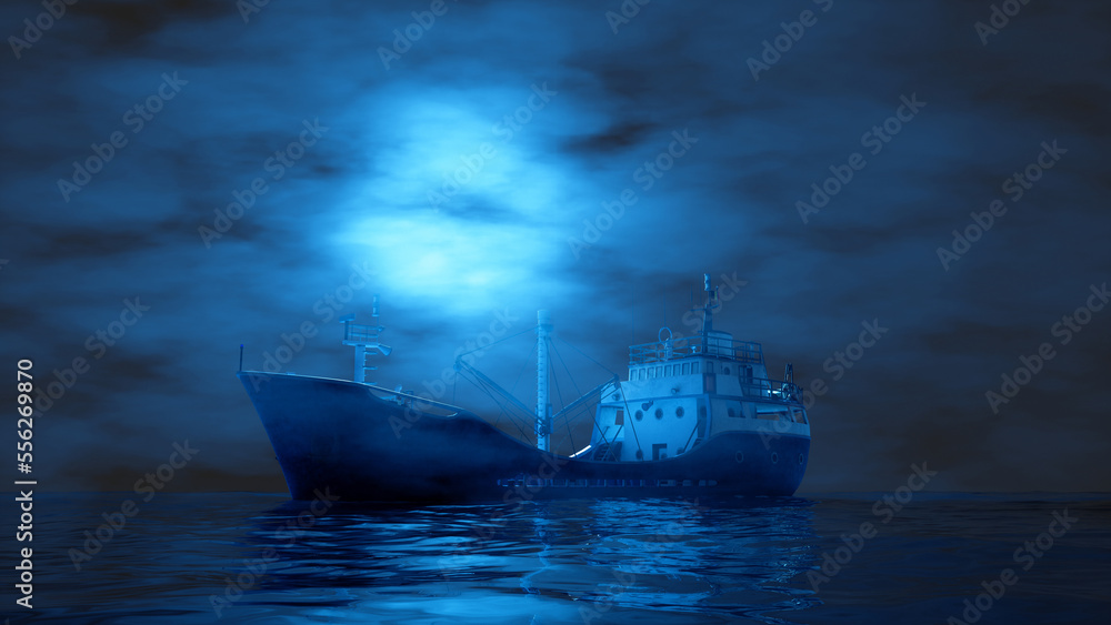whaling ship sailing in the fog in blue lighting