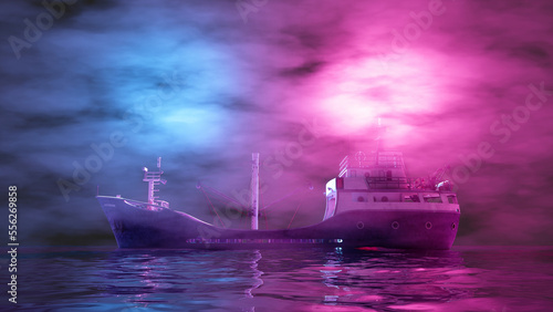 Fotografija whaling ship sailing in the fog in purple lighting