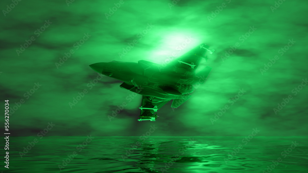 Fototapeta premium combat jet aircraft flying in the fog in green lighting