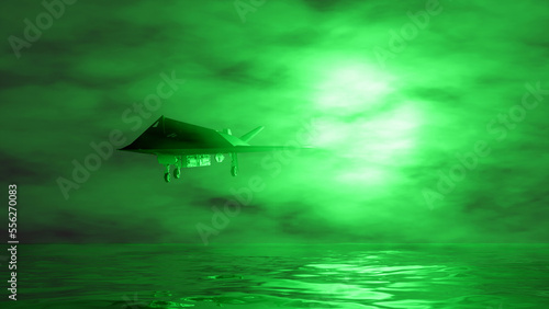 Fototapeta Naklejka Na Ścianę i Meble -  combat jet aircraft flying in the fog in green lighting