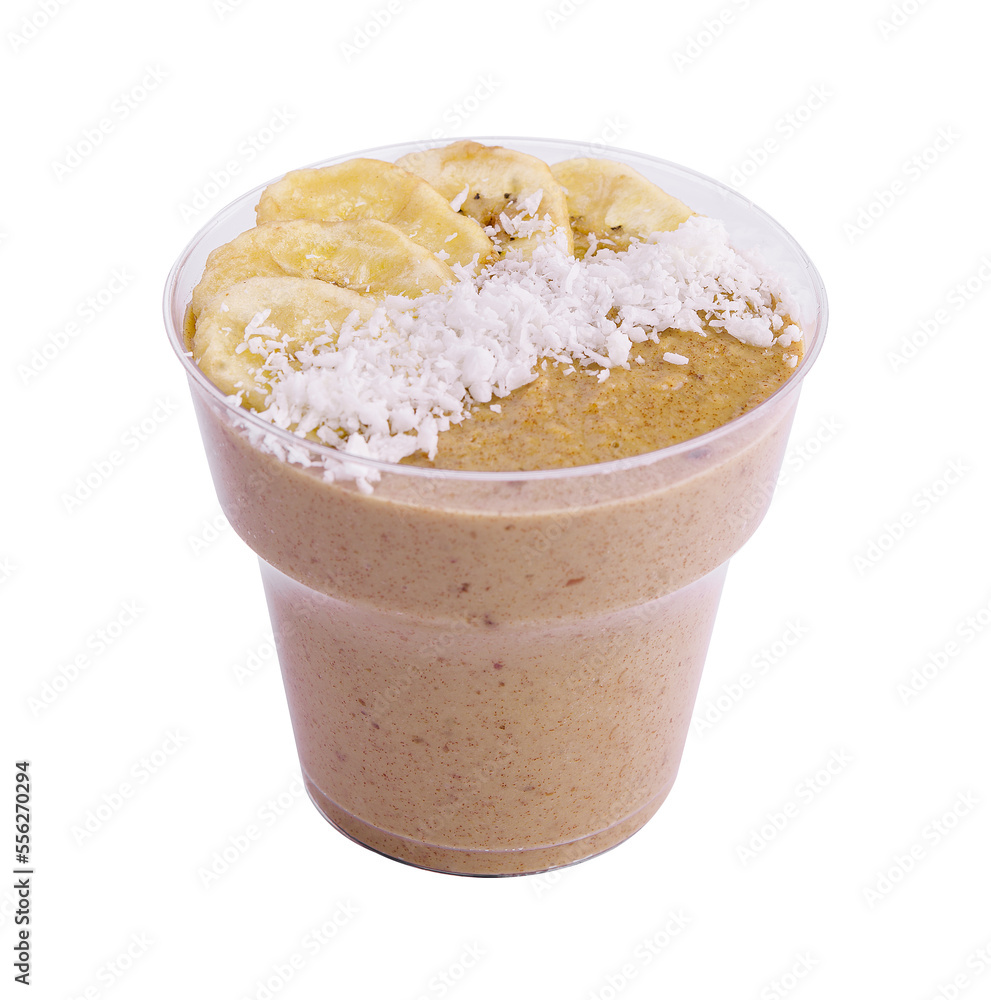 healthy breakfast bowl with yogurt, muesli, banana and coconut