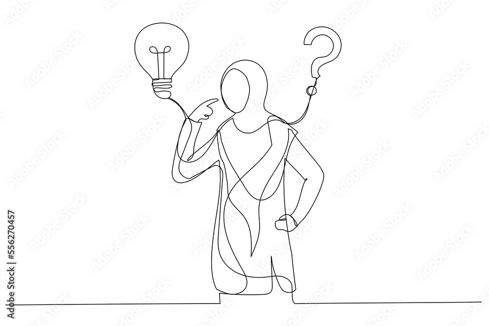 Drawing of muslim businesswoman think of solution to solve problem with lightbulb and question mark. Solution to solve problem. Single line art style Drawing of muslim businesswoman think of solution to solve problem with lightbulb and question mark. Solution to solve problem. Single line art style