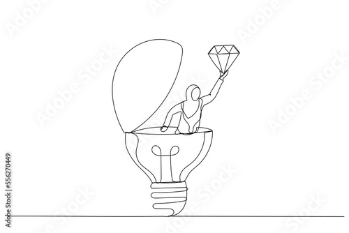 Illustration of muslim businesswoman discover valuable priceless diamond from bright lightbulb idea. Business value. One line art style