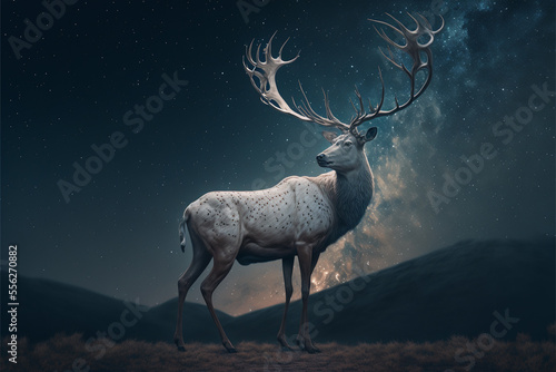 Fairytale background of a white stag standing on starry night with full moon background