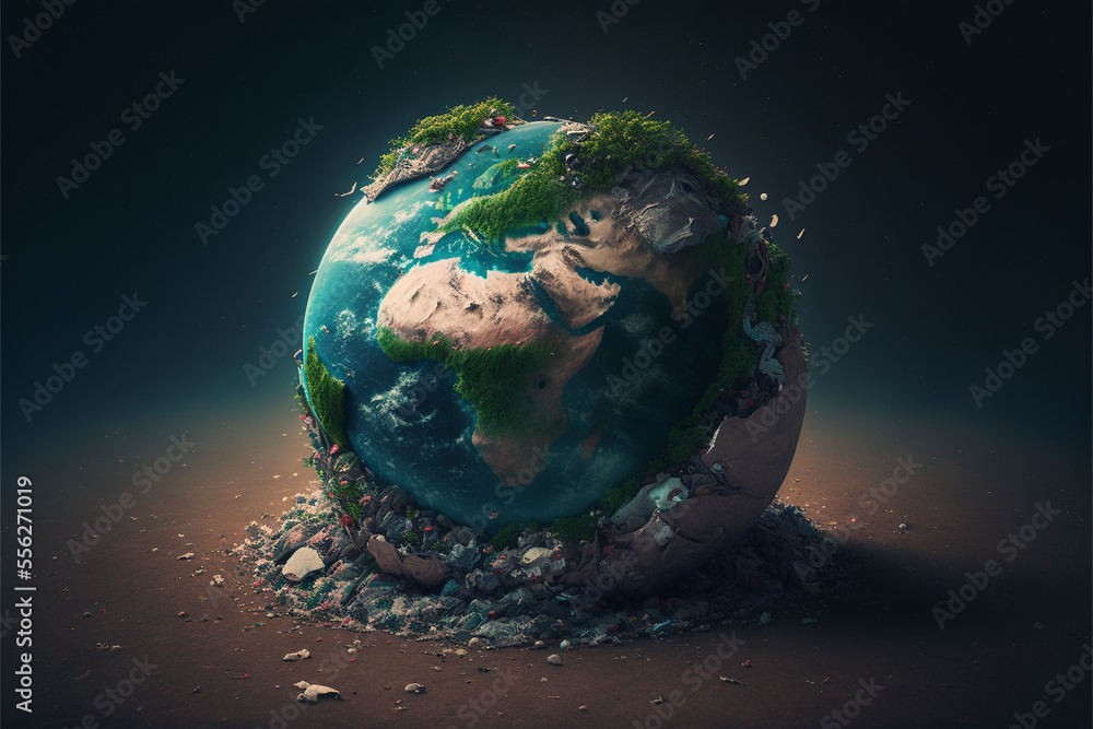 Concept of plastic world. Earth contamination with garbage. Stock