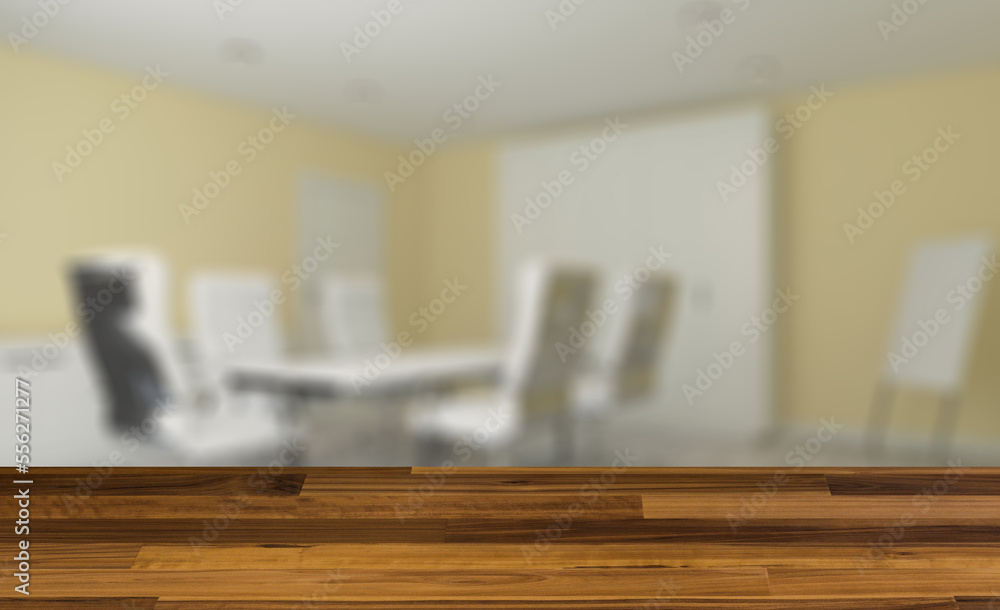 Modern meeting room. 3D rendering.. Background with empty wooden table. Flooring. Modern meeting room. 3D rendering.. Background with empty wooden table. Flooring.