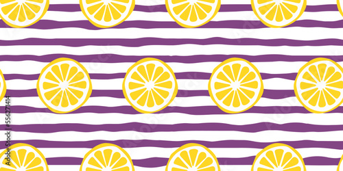 Pattern of lemon slices - citrus illustration repeating on a striped background. For seamless print and stylish illustration.