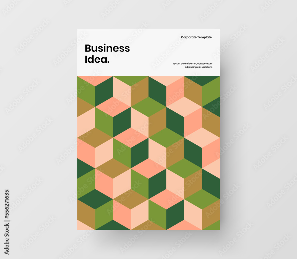 Multicolored geometric pattern company brochure concept. Vivid flyer A4 design vector template.