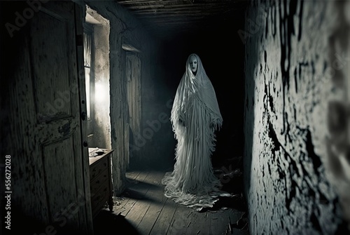 Creepy abandoned haunted house with spooky white cloth ghost, terrifying evil paranormal apparition. photo