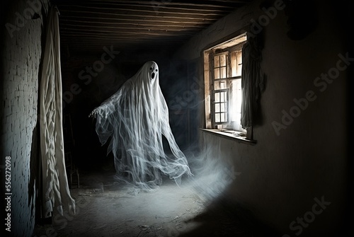 Creepy abandoned haunted house with spooky white cloth ghost, terrifying evil paranormal apparition. © SoulMyst