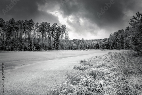 Fototapeta Naklejka Na Ścianę i Meble -  Czarno-biała zima nad jeziorem