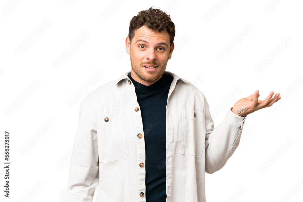 Brazilian man over isolated chroma key background making doubts gesture Brazilian man over isolated chroma key background making doubts gesture