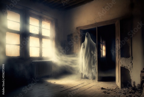 Creepy abandoned haunted house with spooky white cloth ghost, terrifying evil paranormal apparition. 