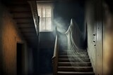 Creepy abandoned haunted house with spooky white cloth ghost, terrifying evil paranormal apparition.  