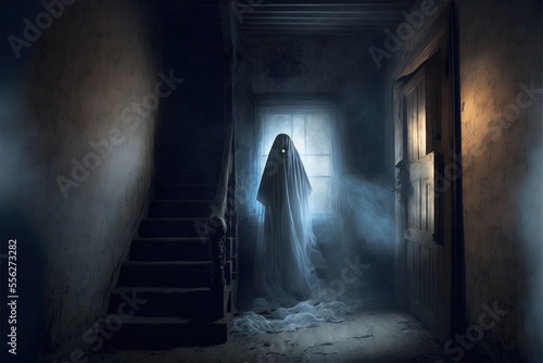 Creepy abandoned haunted house with spooky white cloth ghost, terrifying evil paranormal apparition. 