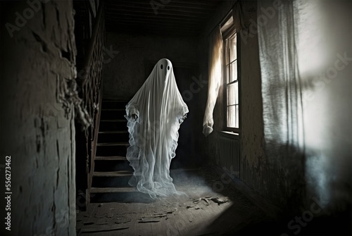 Creepy abandoned haunted house with spooky white cloth ghost, terrifying evil paranormal apparition.   © SoulMyst
