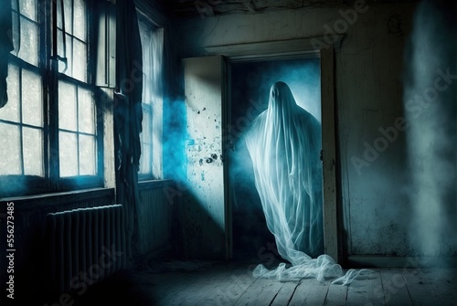 Creepy abandoned haunted house with spooky white cloth ghost, terrifying evil paranormal apparition. 