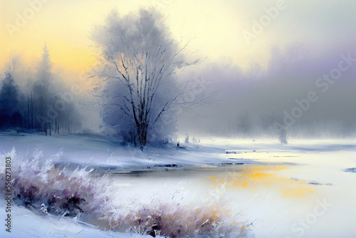 Winter foggy landscape oil painting. Moody and atmospheric. AI 