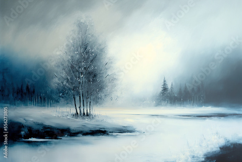 Winter foggy landscape oil painting. Moody and atmospheric. AI 