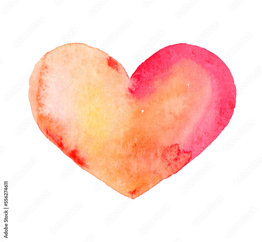 Watercolor textured red yellow heart on white background isolated. Hand-drawn illustration.