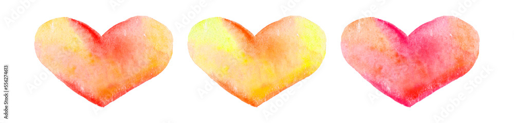 Three watercolor cute hearts on white background. Yellow, orange, red color. Saint Valentine's Day illustration for greeting cards, invitations, blogs, posters.