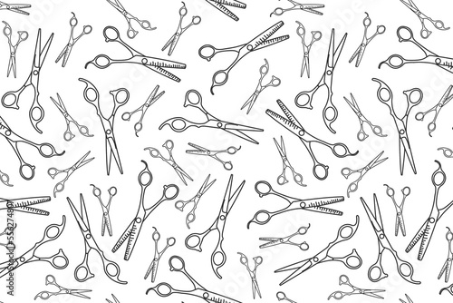doodle pattern with hairdressing small and big scissors, beauty salon background, barbershop advertising banner on black background with white drawings
