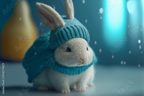 A super cute rabbit wearing a sweater wearing a hat on a snowy background.