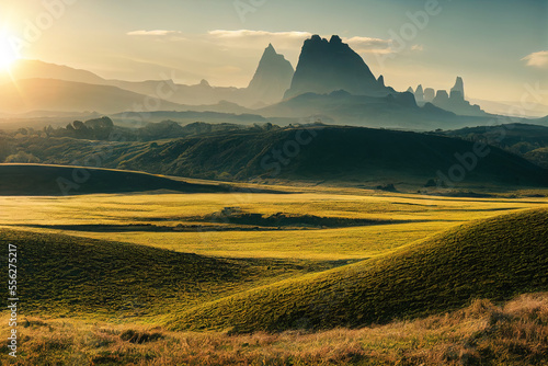Green landscape of mountains, hills and fields (Generative AI) © Robert Kneschke