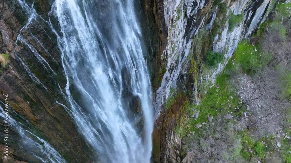 Ason waterfall seen from a drone. Hills of the Ason Natural Park. Soba Valley, Cantabria, Spain, Europe Ason waterfall seen from a drone. Hills of the Ason Natural Park. Soba Valley, Cantabria, Spain, Europe