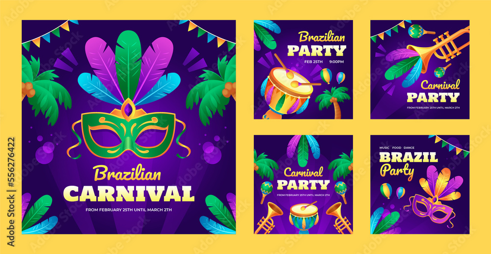 Fototapeta premium Carnival party invitation card with 5 different designs and looks with blue illustrated background 