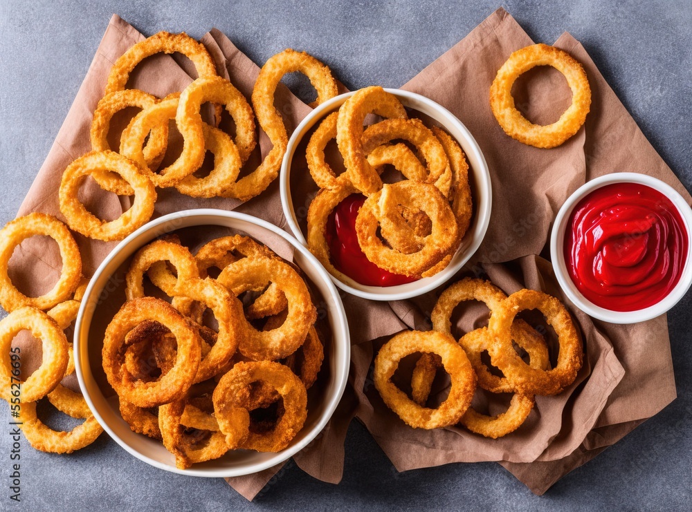 onion rings and ketchup on a table onion rings and ketchup on a table