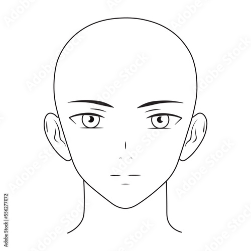 Hairless manga style human head, base for character design, anime face coustructorб vector template Outlines on white background