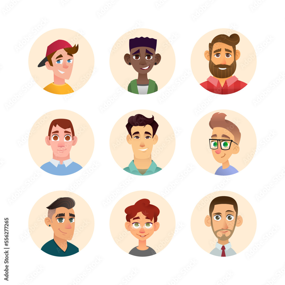 Male avatar set in modern flat cartoon style. Vector illustration Male avatar set in modern flat cartoon style. Vector illustration