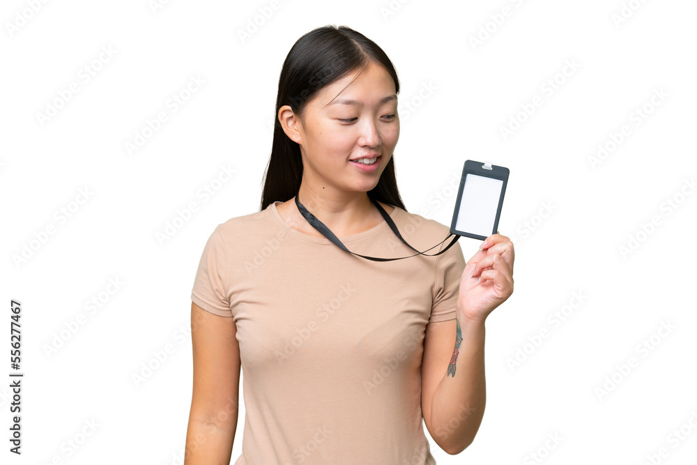 Young Asian woman with ID card over isolated background with happy expression Young Asian woman with ID card over isolated background with happy expression
