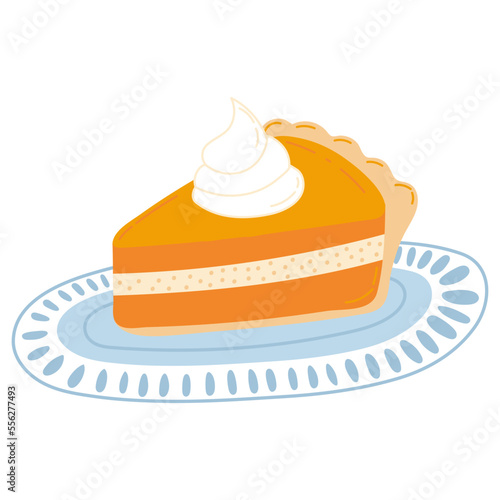 Piece of pumpkin pie on plate isolaed on white background, cozy autumn food, time for hygge