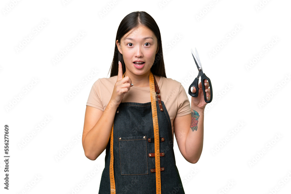 Young Asian seamstress woman over isolated background intending to realizes the solution while lifting a finger up Young Asian seamstress woman over isolated background intending to realizes the solution while lifting a finger up