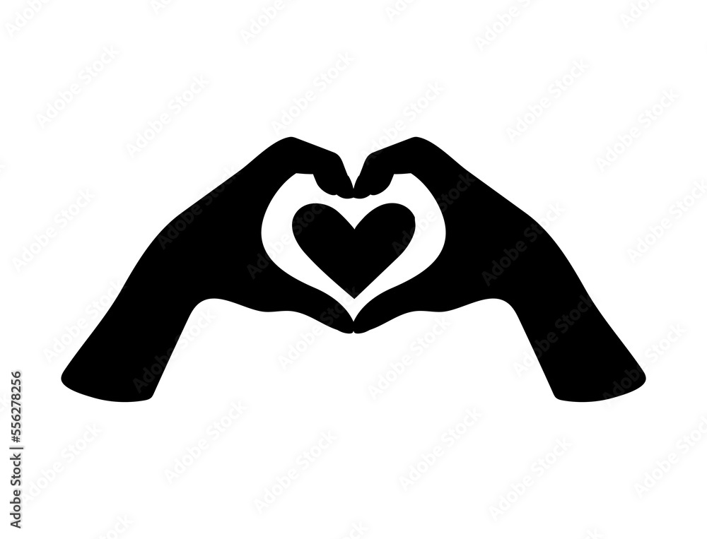 Fototapeta premium Two hands represent a heart gesture, a black silhouette isolated on a white background, a flat vector illustration.