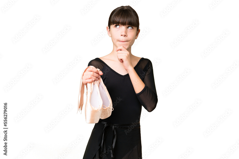 Little caucasian girl practicing ballet over isolated background having doubts and thinking Little caucasian girl practicing ballet over isolated background having doubts and thinking