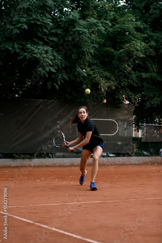 view on tennis ball and woman tennis player with tennis racket before hitting it © fesenko