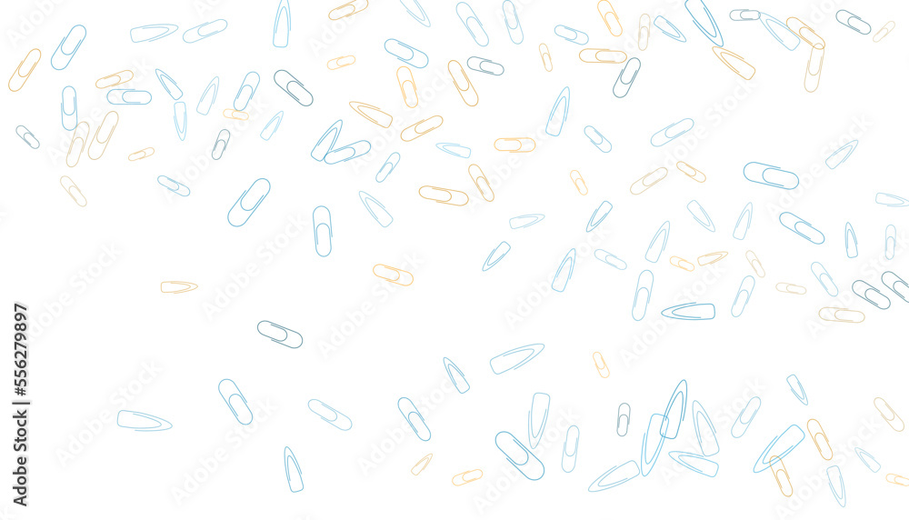 Paper clips are scattered on a white background. Decorative element. Background for design, school and office supplies Paper clips are scattered on a white background. Decorative element. Background for design, school and office supplies