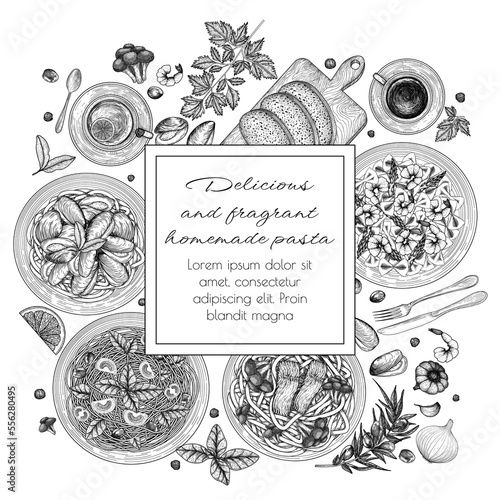 Vector illustration of 4 different pastas. Tagliatelle with salmon and broccoli, farfalle with shrimps and asparagus, spaghetti with tomatoes, basil and olives, fettuccine with mussels engraving style