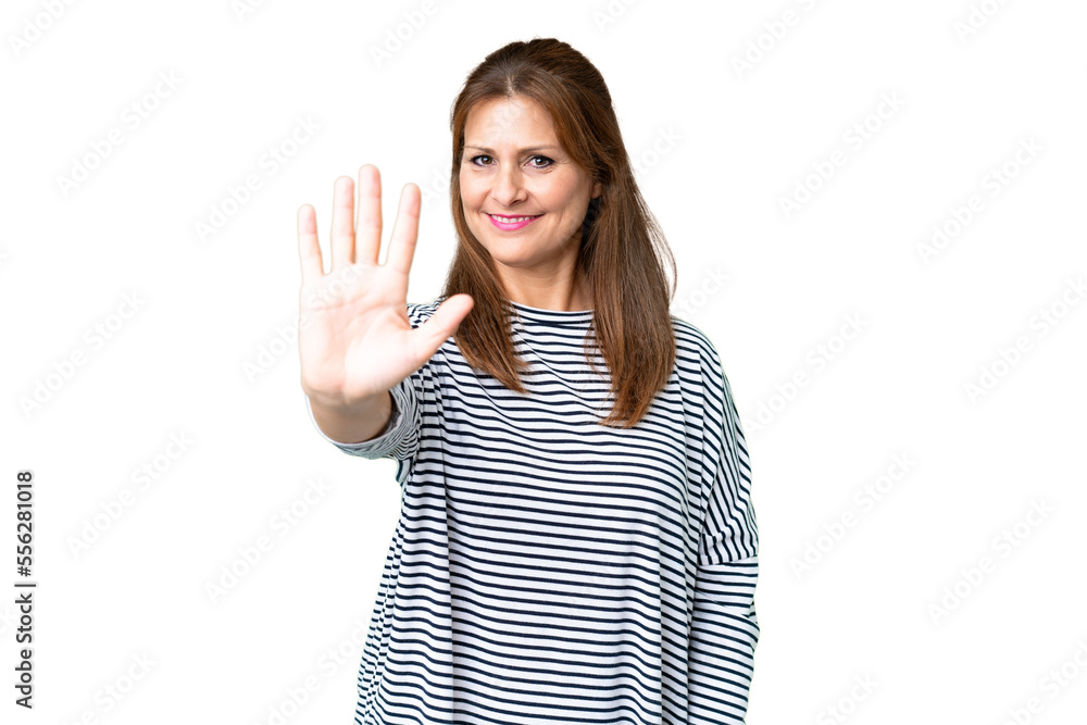 Middle age woman over isolated background counting five with fingers Middle age woman over isolated background counting five with fingers