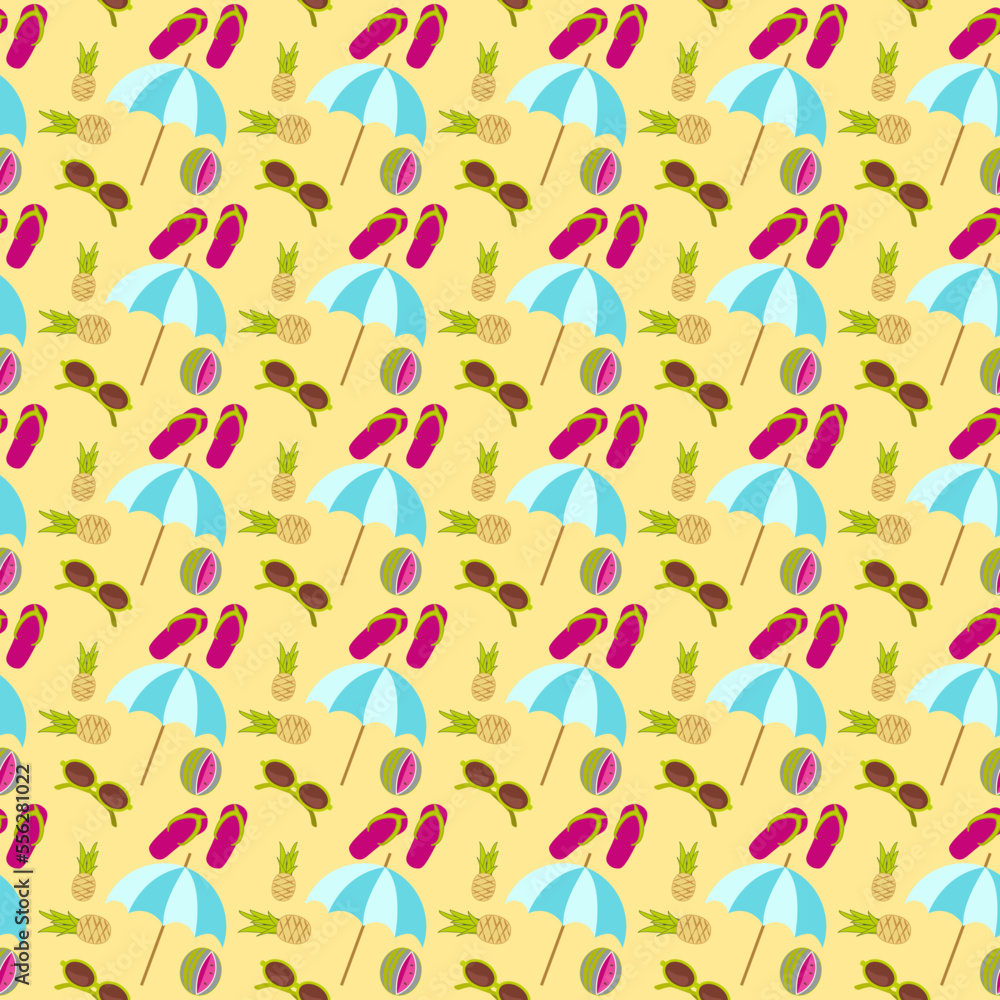 Summer beach seamless pattern with sun umbrella, sun glasses, pineapple and flip flops vector